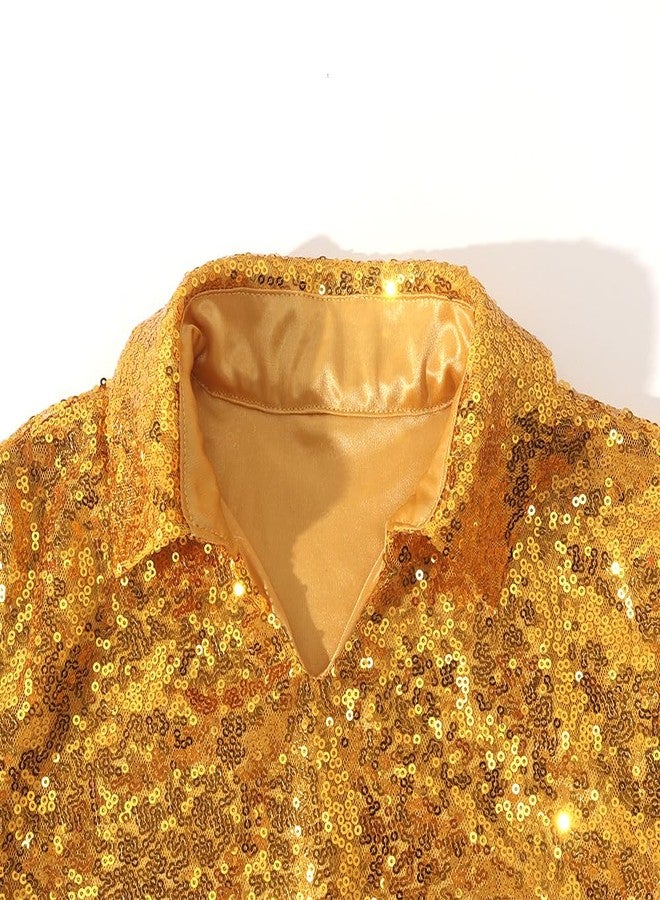Spring&Gege Boy's Short Sleeve Turndown Sparkle Sequins Polo Shirt 70s Disco T-Shirt, Gold, Size 7-8 Years - Image 3